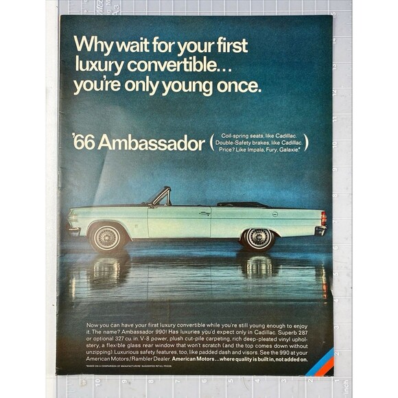 American Motors Ambassador 990 Convertible "Where Quality is Built In" Ad 1966 - Picture 2 of 3